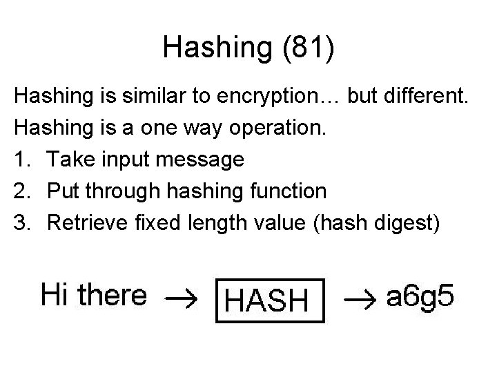 Hashing (81) Hashing is similar to encryption… but different. Hashing is a one way