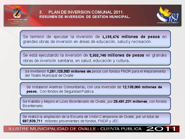 3. PLAN DE INVERSION COMUNAL 2011. RESUMEN DE INVERSION DE GESTION MUNICIPAL. Se terminó