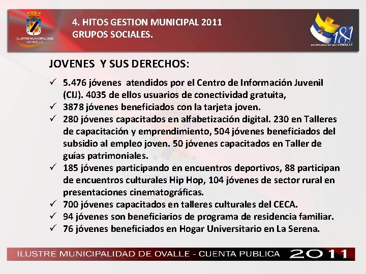 4. HITOS GESTION MUNICIPAL 2011 GRUPOS SOCIALES. JOVENES Y SUS DERECHOS: ü 5. 476