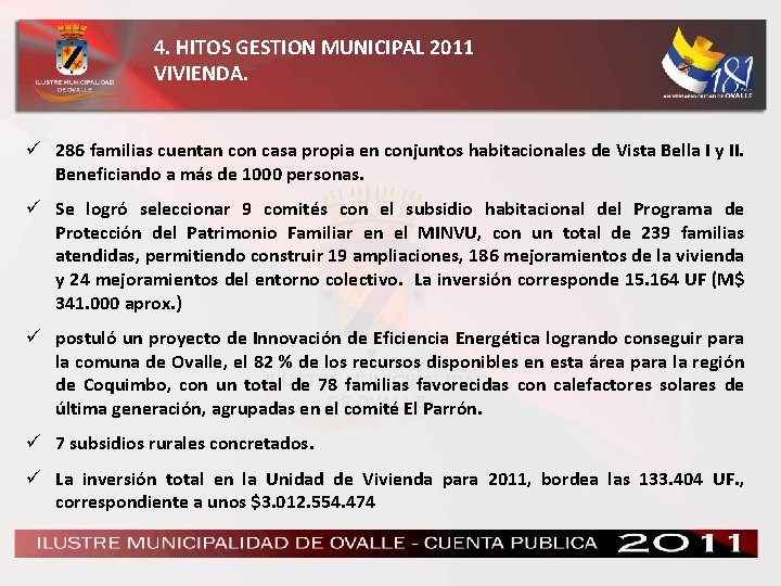 4. HITOS GESTION MUNICIPAL 2011 VIVIENDA. ü 286 familias cuentan con casa propia en