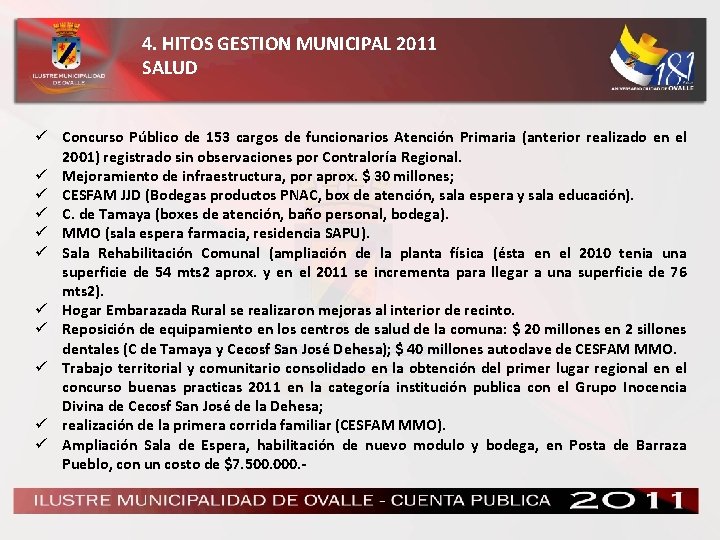 4. HITOS GESTION MUNICIPAL 2011 SALUD ü Concurso Público de 153 cargos de funcionarios