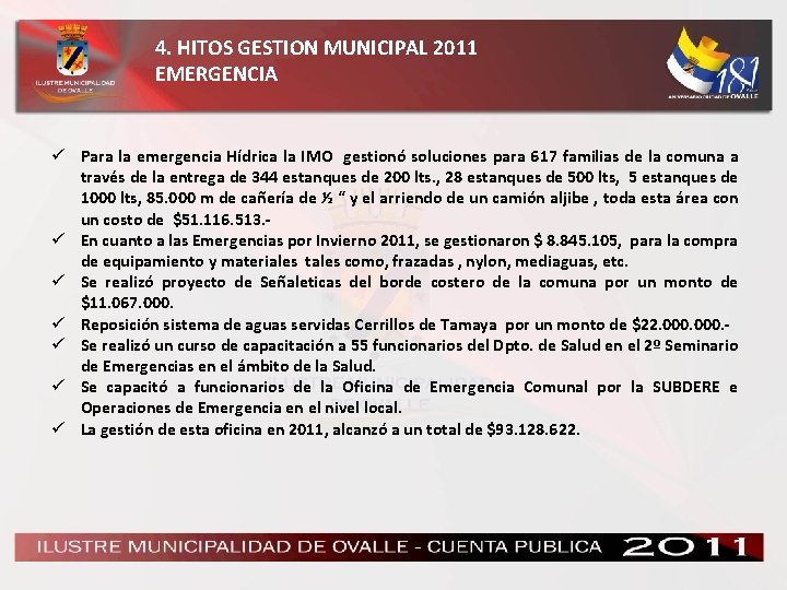 4. HITOS GESTION MUNICIPAL 2011 EMERGENCIA ü Para la emergencia Hídrica la IMO gestionó