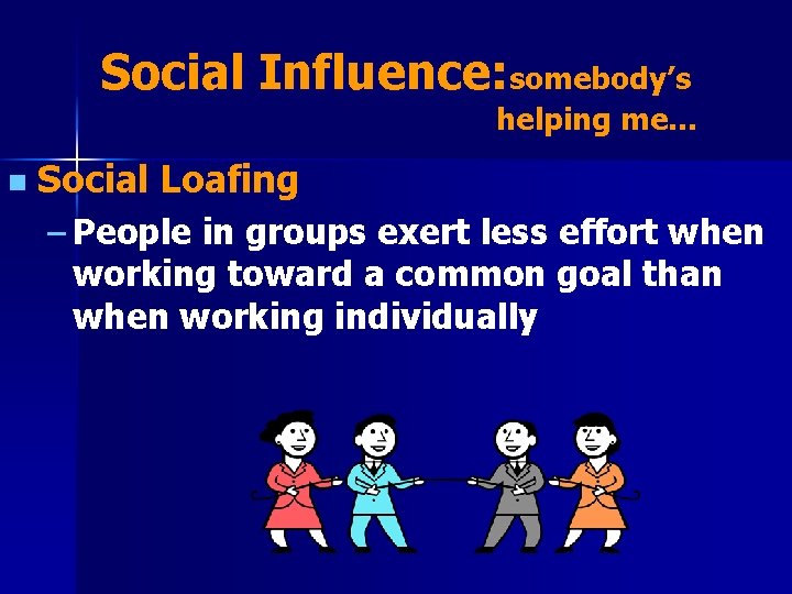 Social Influence: somebody’s helping me… n Social Loafing – People in groups exert less