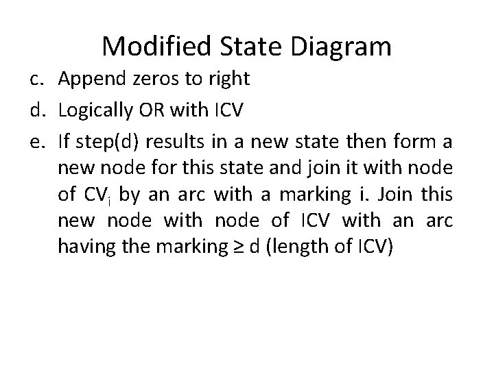 Modified State Diagram c. Append zeros to right d. Logically OR with ICV e.