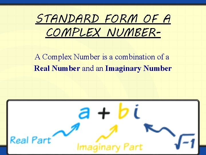 STANDARD FORM OF A COMPLEX NUMBERA Complex Number is a combination of a Real