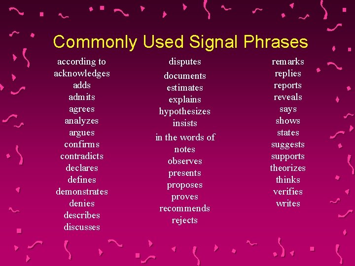 Commonly Used Signal Phrases according to acknowledges adds admits agrees analyzes argues confirms contradicts