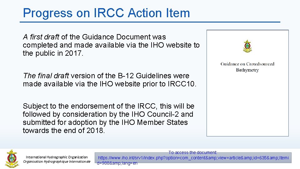 Progress on IRCC Action Item A first draft of the Guidance Document was completed
