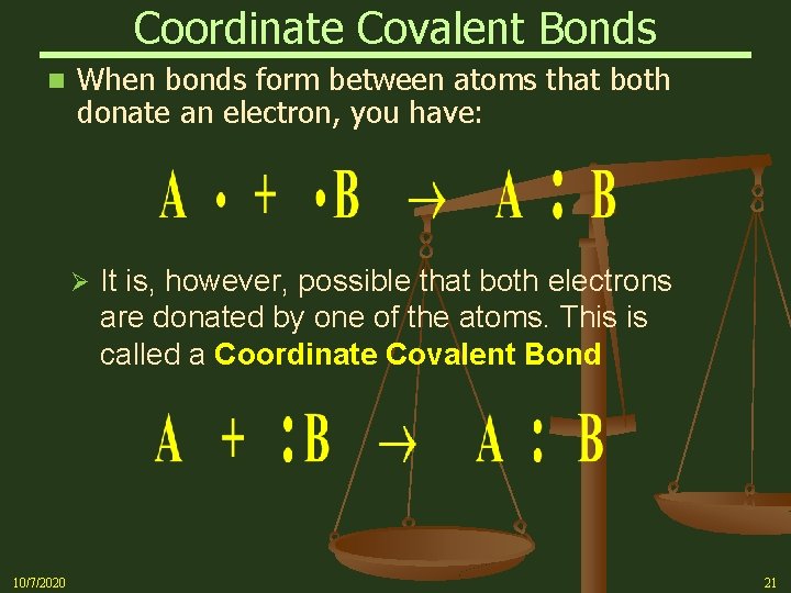 Coordinate Covalent Bonds n When bonds form between atoms that both donate an electron,