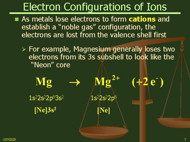 Electron Configurations of Ions n As metals lose electrons to form cations and establish