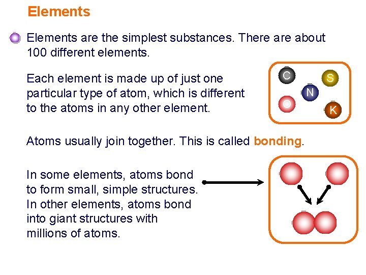 Elements are the simplest substances. There about 100 different elements. Each element is made