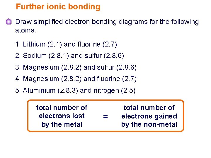 Further ionic bonding Draw simplified electron bonding diagrams for the following atoms: 1. Lithium