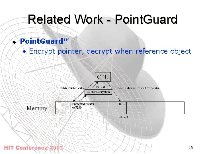 Related Work - Point. Guard u Point. Guard™ • Encrypt pointer, decrypt when reference