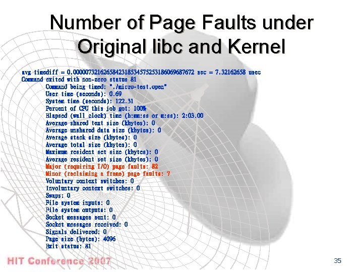 Number of Page Faults under Original libc and Kernel avg timediff = 0. 0000073216265842318534575253186069687672