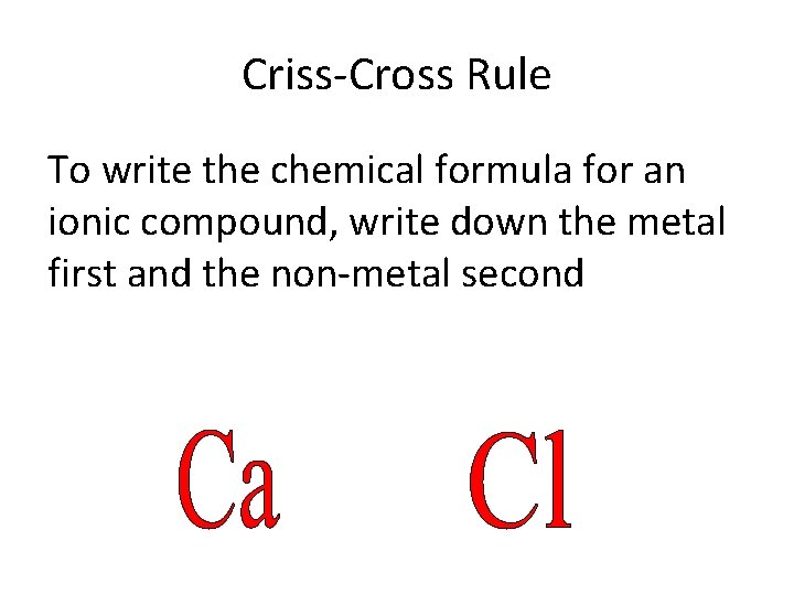 Criss-Cross Rule To write the chemical formula for an ionic compound, write down the
