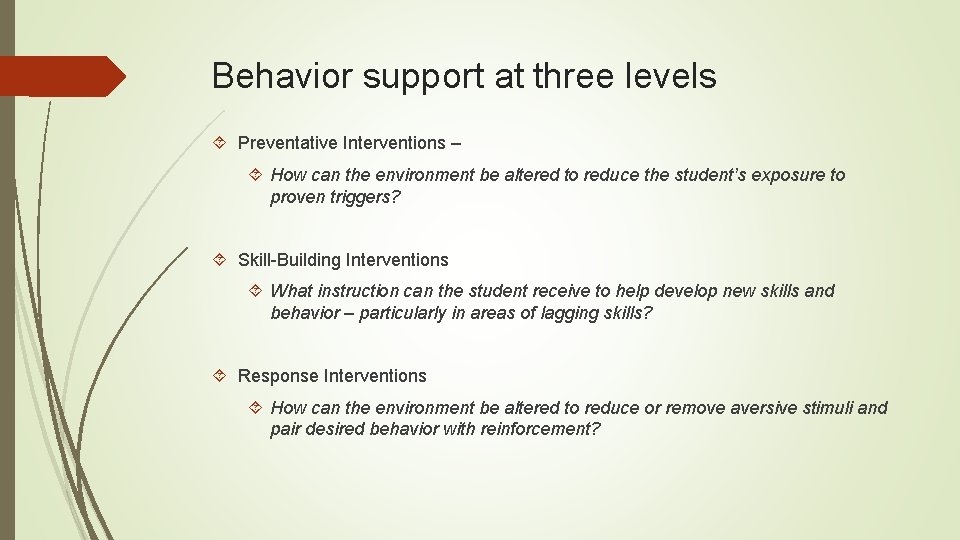 Behavior support at three levels Preventative Interventions – How can the environment be altered Behavior support at three levels Preventative Interventions – How can the environment be altered