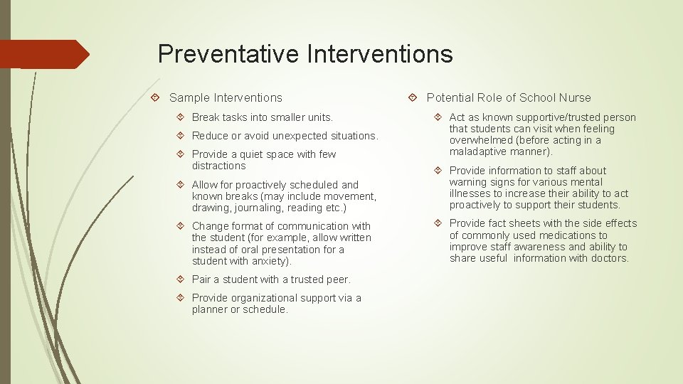 Preventative Interventions Sample Interventions Break tasks into smaller units. Reduce or avoid unexpected  Preventative Interventions Sample Interventions Break tasks into smaller units. Reduce or avoid unexpected