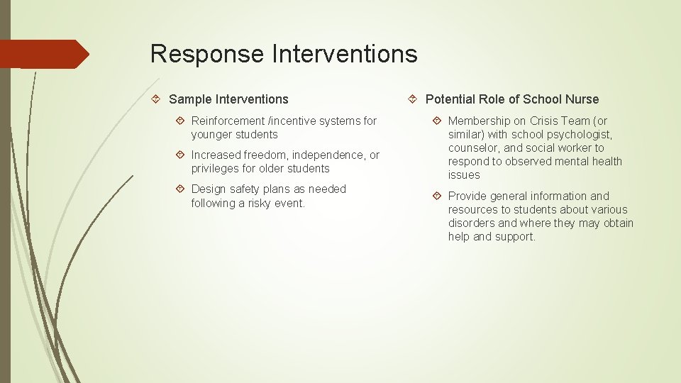 Response Interventions Sample Interventions Reinforcement /incentive systems for younger students Increased freedom, independence, or Response Interventions Sample Interventions Reinforcement /incentive systems for younger students Increased freedom, independence, or