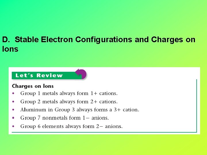 D. Stable Electron Configurations and Charges on Ions 