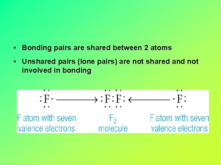  • Bonding pairs are shared between 2 atoms • Unshared pairs (lone pairs)