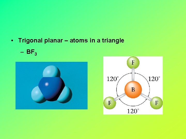  • Trigonal planar – atoms in a triangle – BF 3 