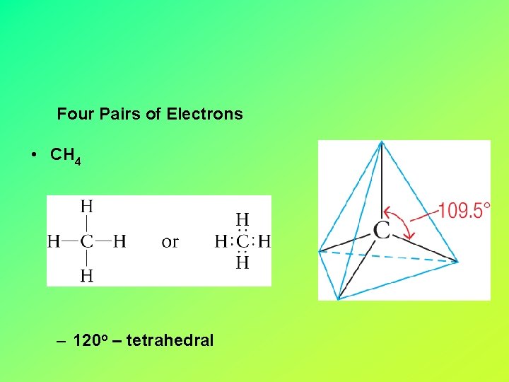 Four Pairs of Electrons • CH 4 – 120 o – tetrahedral 