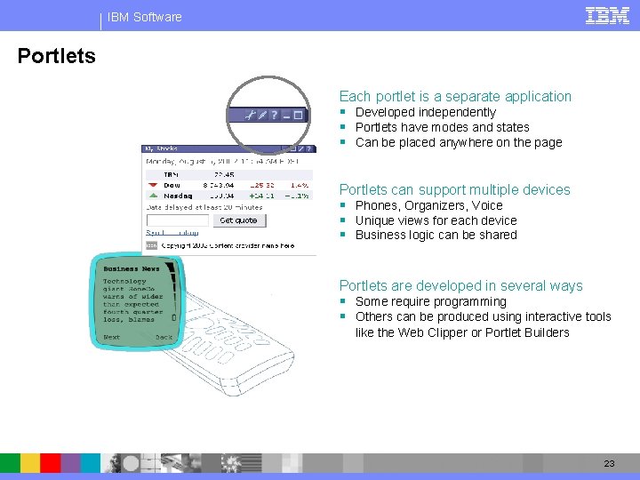 IBM Software Portlets Each portlet is a separate application § Developed independently § Portlets