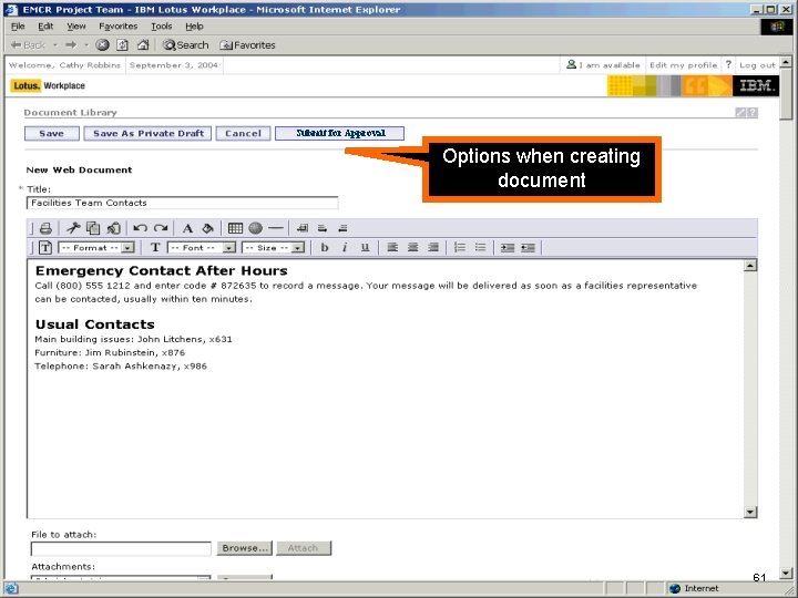 IBM Software Submit for Approval Options when creating document New Web Document form (using