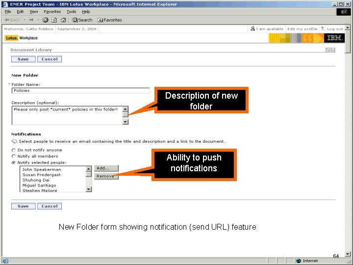 IBM Software Description of new folder Ability to push notifications New Folder form showing