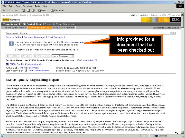 IBM Software Info provided for a document that has been checked out 69 