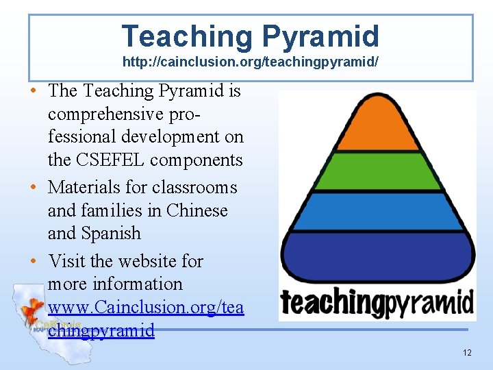 Teaching Pyramid http: //cainclusion. org/teachingpyramid/ • The Teaching Pyramid is comprehensive professional development on