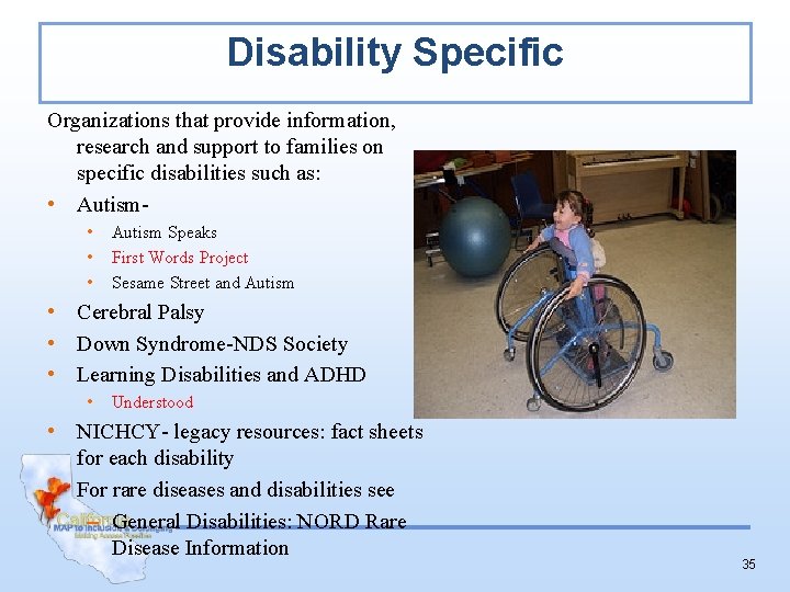 Disability Specific Organizations that provide information, research and support to families on specific disabilities