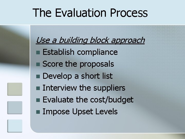 The Evaluation Process Use a building block approach Establish compliance n Score the proposals