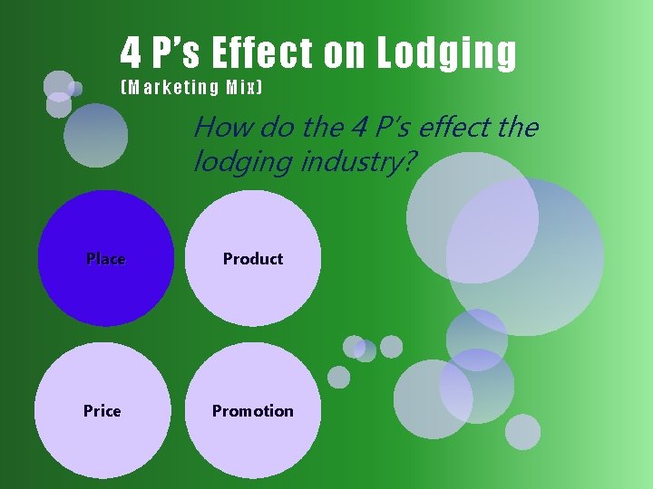 4 P’s Effect on Lodging (M arketing Mi x) How do the 4 P’s