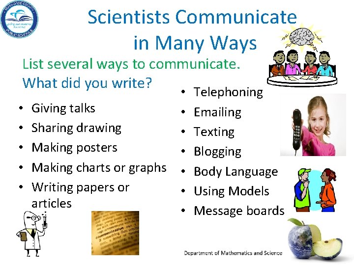 Scientists Communicate in Many Ways List several ways to communicate. What did you write?