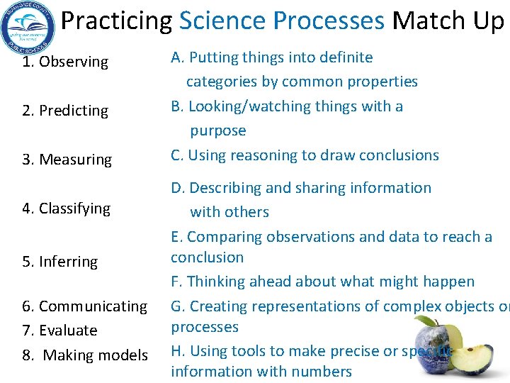 Practicing Science Processes Match Up 1. Observing 2. Predicting 3. Measuring 4. Classifying 5.