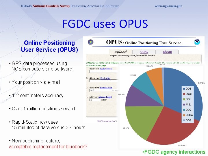 FGDC uses OPUS Online Positioning User Service (OPUS) • GPS data processed using NGS