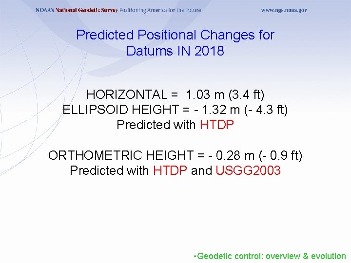 Predicted Positional Changes for Datums IN 2018 HORIZONTAL = 1. 03 m (3. 4