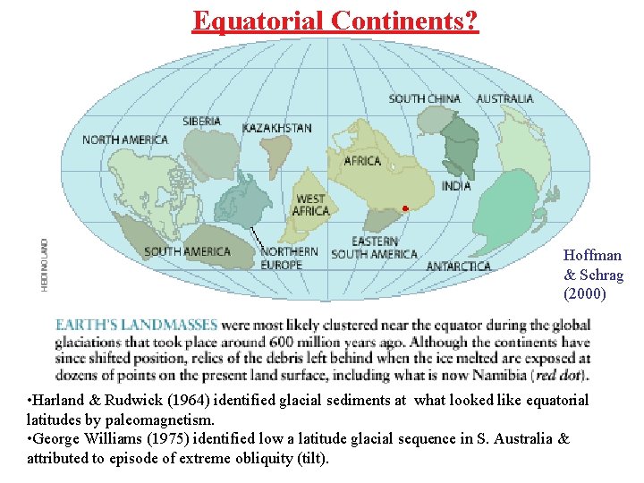 Equatorial Continents? Hoffman & Schrag (2000) • Harland & Rudwick (1964) identified glacial sediments