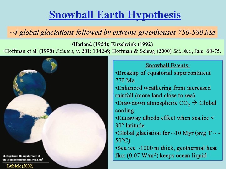 Snowball Earth Hypothesis ~4 global glaciations followed by extreme greenhouses 750 -580 Ma •