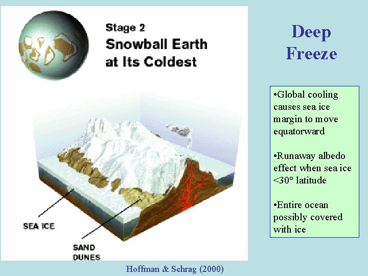 Deep Freeze • Global cooling causes sea ice margin to move equatorward • Runaway