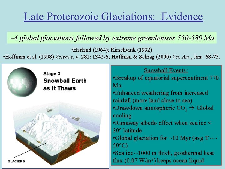 Late Proterozoic Glaciations: Evidence ~4 global glaciations followed by extreme greenhouses 750 -580 Ma