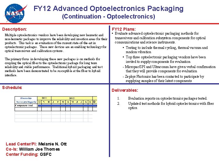 FY 12 Advanced Optoelectronics Packaging (Continuation - Optoelectronics) Description: Multiple optoelectronics vendors have been