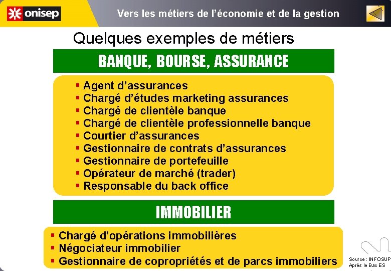 Vers les métiers de l’économie et de la gestion Quelques exemples de métiers BANQUE,