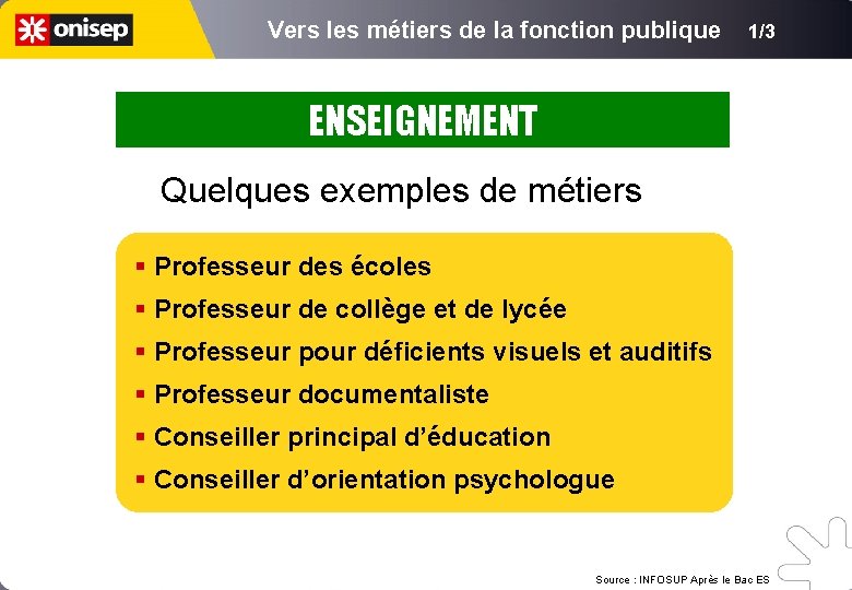 Vers les métiers de la fonction publique 1/3 ENSEIGNEMENT Quelques exemples de métiers Professeur