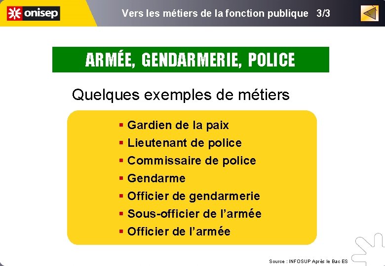 Vers les métiers de la fonction publique 3/3 ARMÉE, GENDARMERIE, POLICE Quelques exemples de