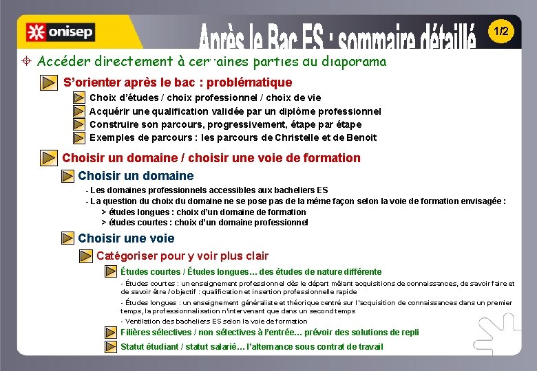 1/2 Accéder directement à certaines parties du diaporama S’orienter après le bac : problématique