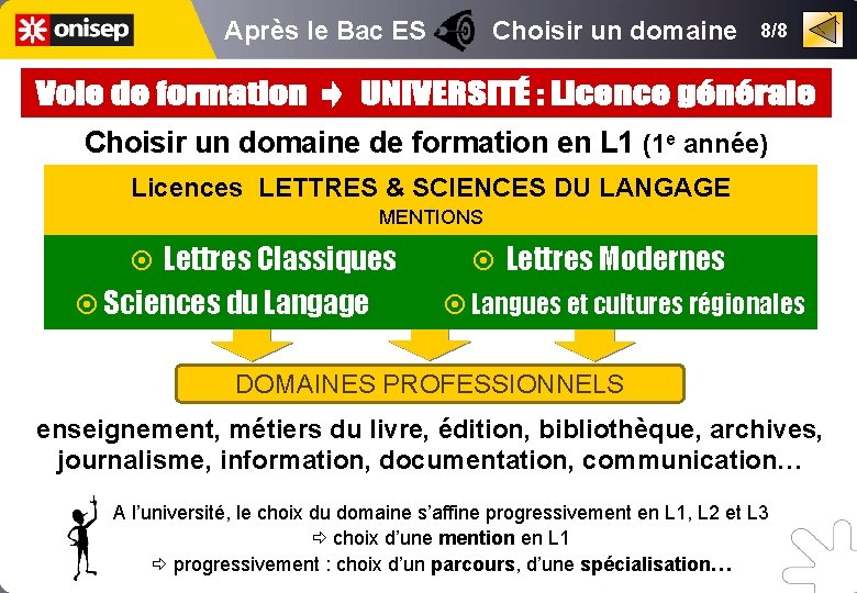 Après le Bac ES Choisir un domaine 8/8 Choisir un domaine de formation en