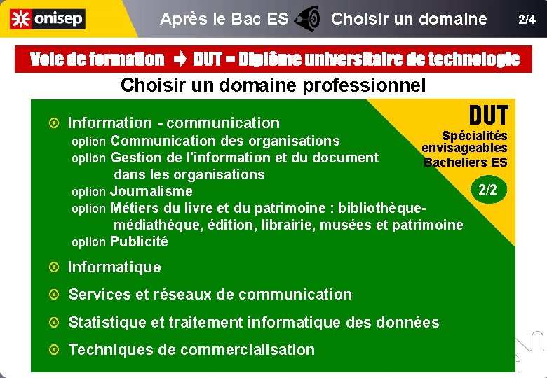 Après le Bac ES Choisir un domaine professionnel DUT Information - communication Spécialités option