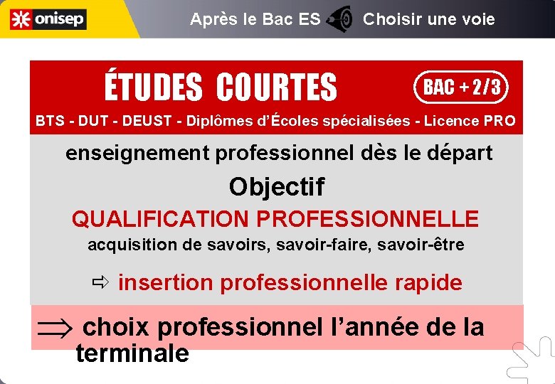 Après le Bac ES Choisir une voie ÉTUDES COURTES BAC + 2/3 BTS -