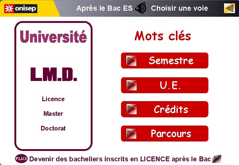 Après le Bac ES Choisir une voie Mots clés Semestre U. E. Licence Master